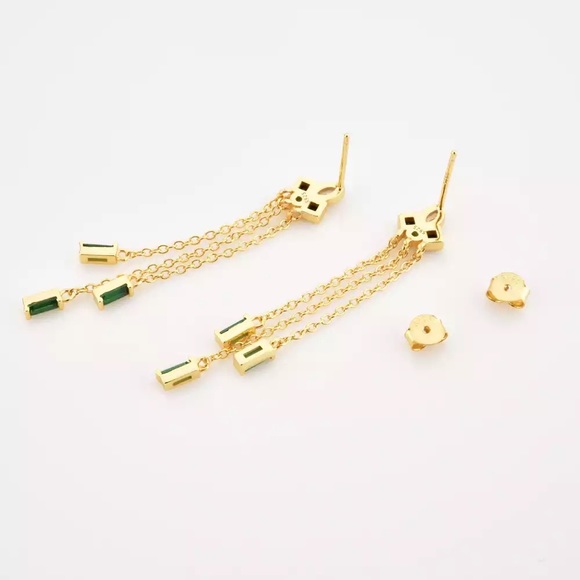 GOLD PLATED STERLING SILVER ART DECO MID CENTURY MODERN EMERALD ONYX DANGLE - Picture 9 of 10